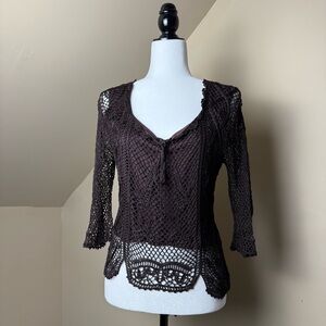 🍫 Vintage Crochet Half Sleeve Mesh Boho Top Size M 🍫‎